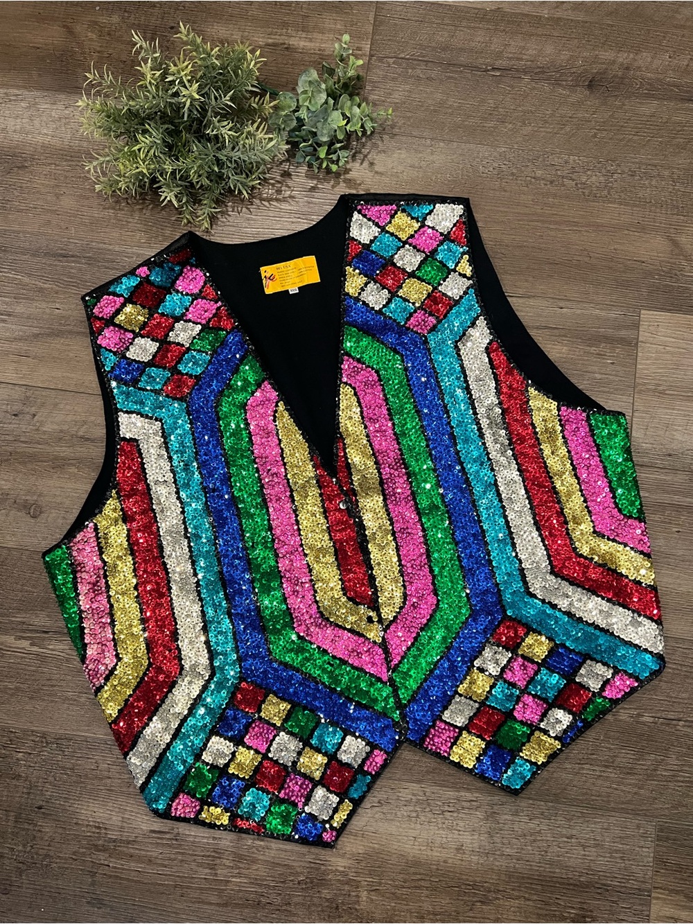 JC Vintage Rainbow Colorful Mosaic Sequin Vest Unisex XXXL Pride USA Whimsical
